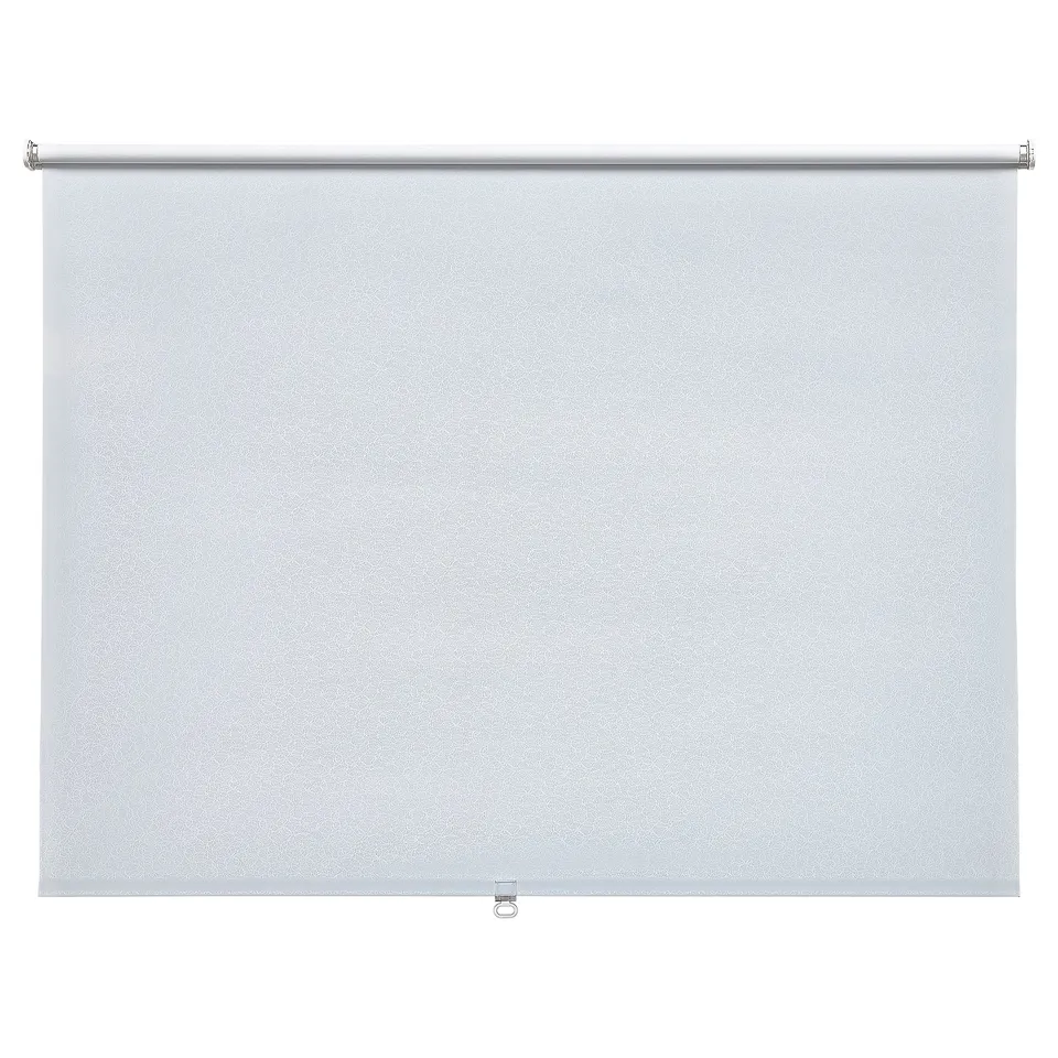 A white FÖNSTERBLAD roller blind, made of polyester, blocking out light. Its rectangular and fitted with metallic side fittings.