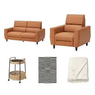 HORNMAL/LUBBAN/RULLERUM/STOCKHOLM set: 2-seat sofa with electric recliner + trolley table with storage + side table + rug, flatwoven, Grann/Bomstad golden-brown + rattan/anthracite + handmade/striped black/off-white + off-white, Depth 94 x Width 184 cm