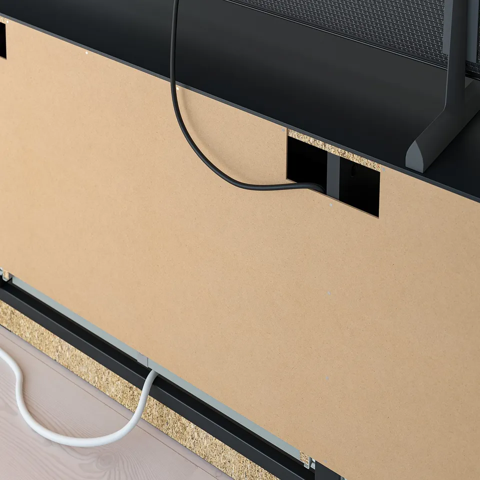 A tv bench with wire management holes and smooth drawers for organised storage. Cables are fed through rear outlets for a clean look.