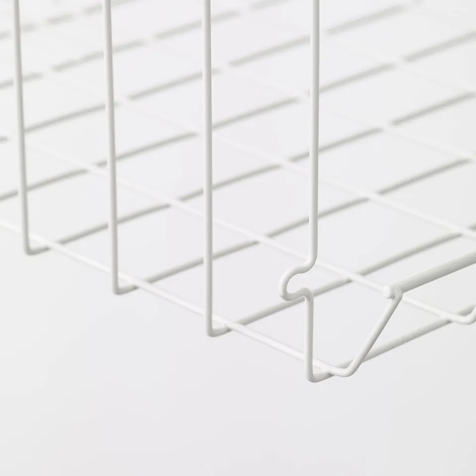 Wire shelf with multiple hooks, white, clean design.
