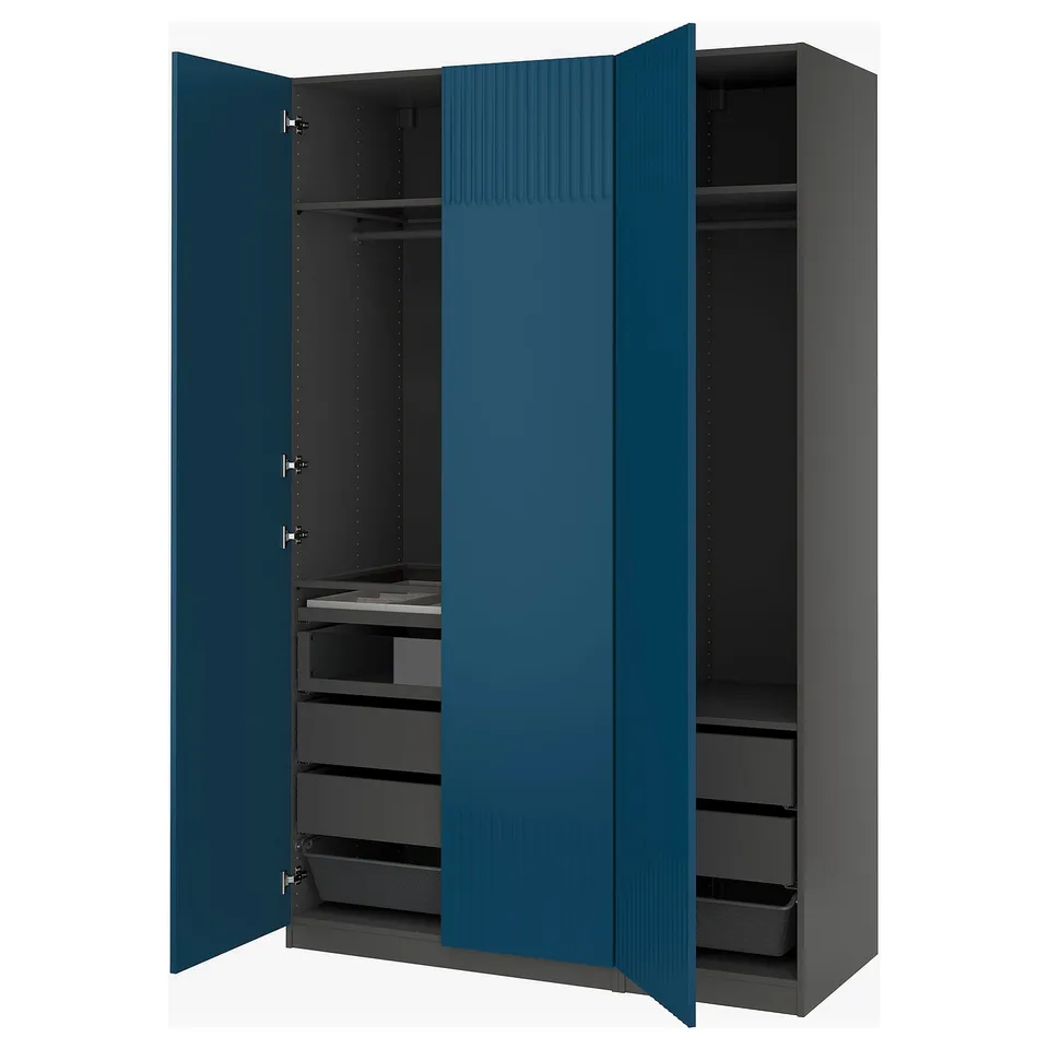 PAX wardrobe: blue, metal, rectangular, modern design with mesh baskets & drawers.