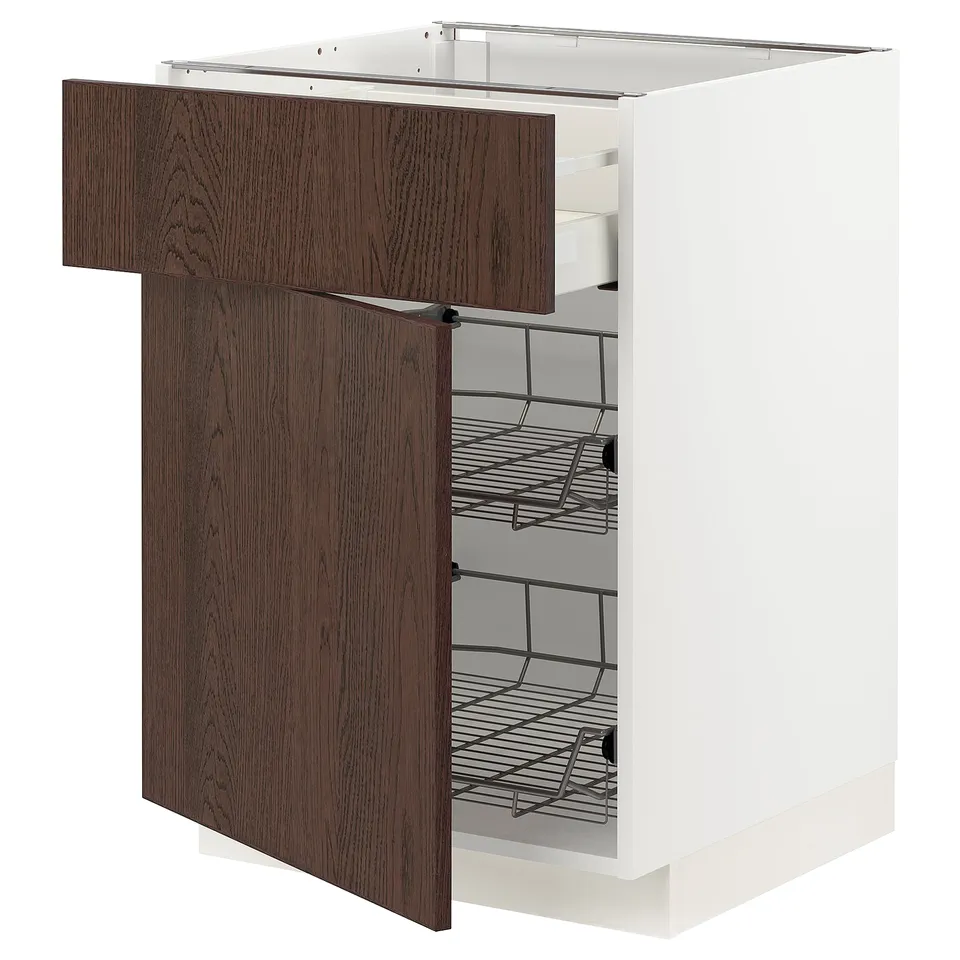 Ikea METOD kitchen unit, white and dark brown, three shelves open.