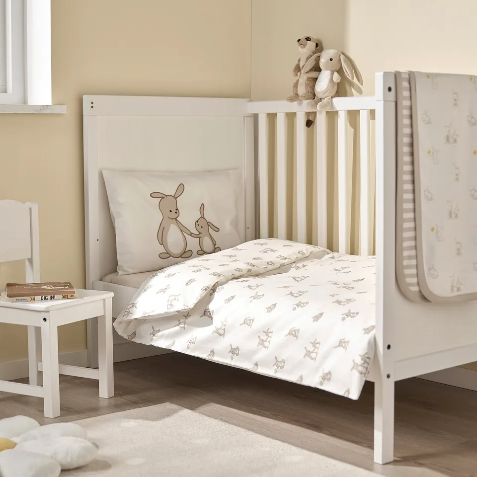 LEN Duvet cover 1 pillowcase for cot, white beige/bunny pattern, 110x125/35x55 cm