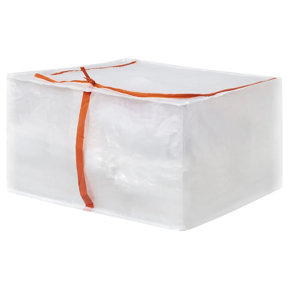 A white PÄRKLA storage bag with orange accents and a zip. Its rectangular and made of recycled materials.