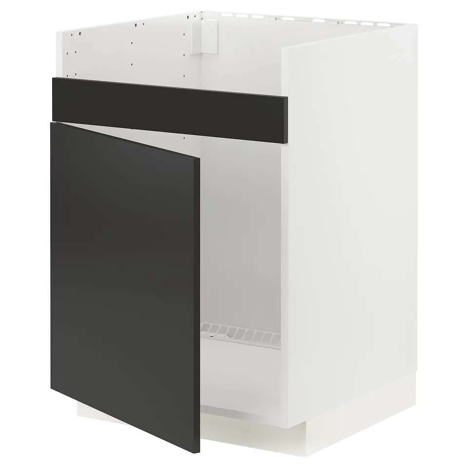 Modern black METOD kitchen unit with white frame, sleek design.