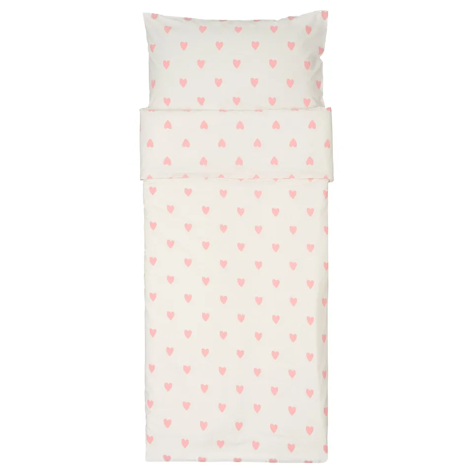 Heart-patterned kids duvet set, cotton-viscose blend, with comforter & pillowcase.
