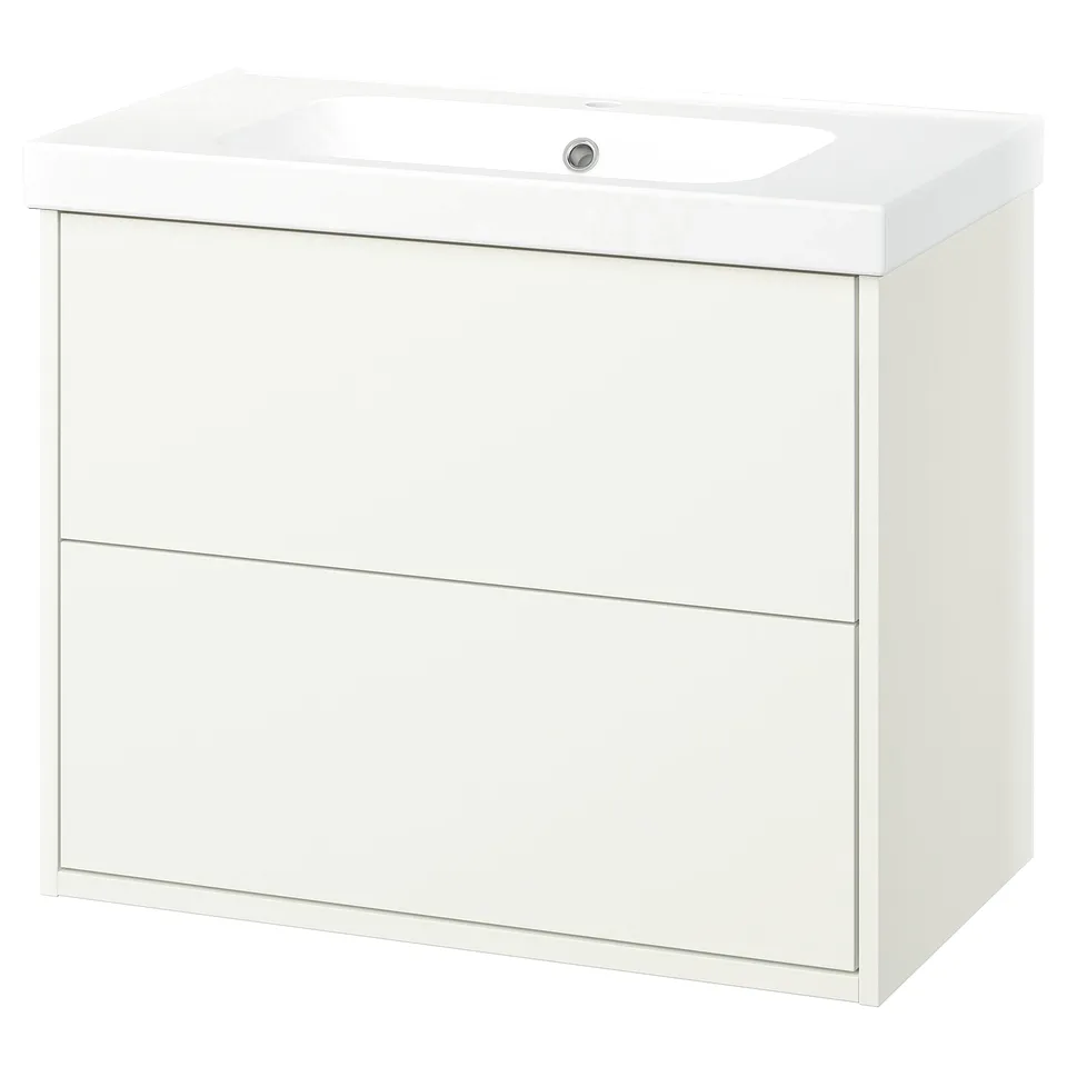 White wall-mounted bathroom vanity with 2 drawers and ceramic sink, sleek and modern design.