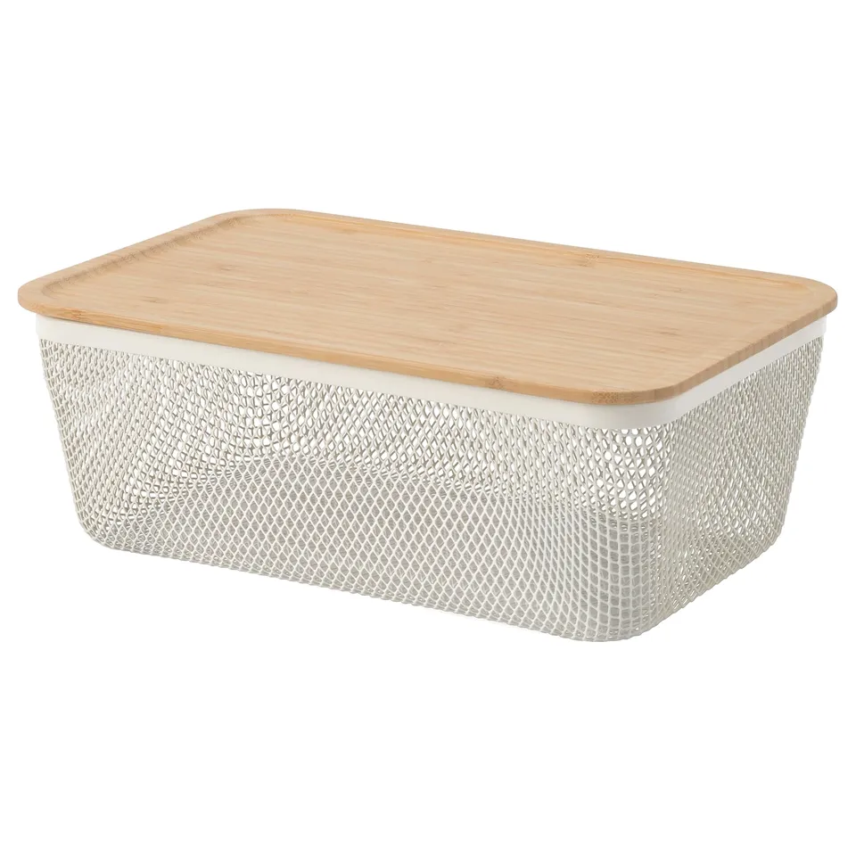 IKEA 365+ white mesh storage basket with bamboo lid, rectangular, breathable, stackable.