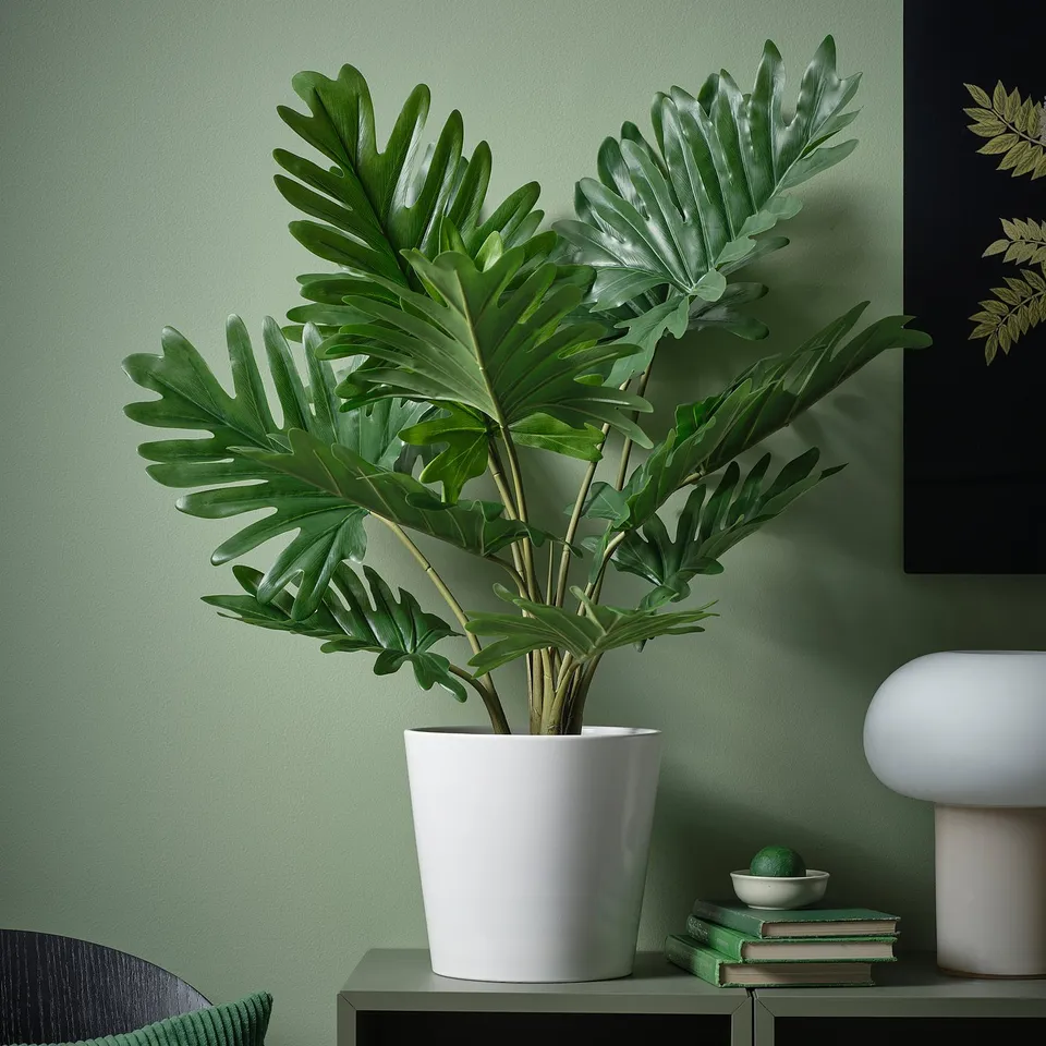 White-potted FEJKA plant with books, green leaves, recycled.
