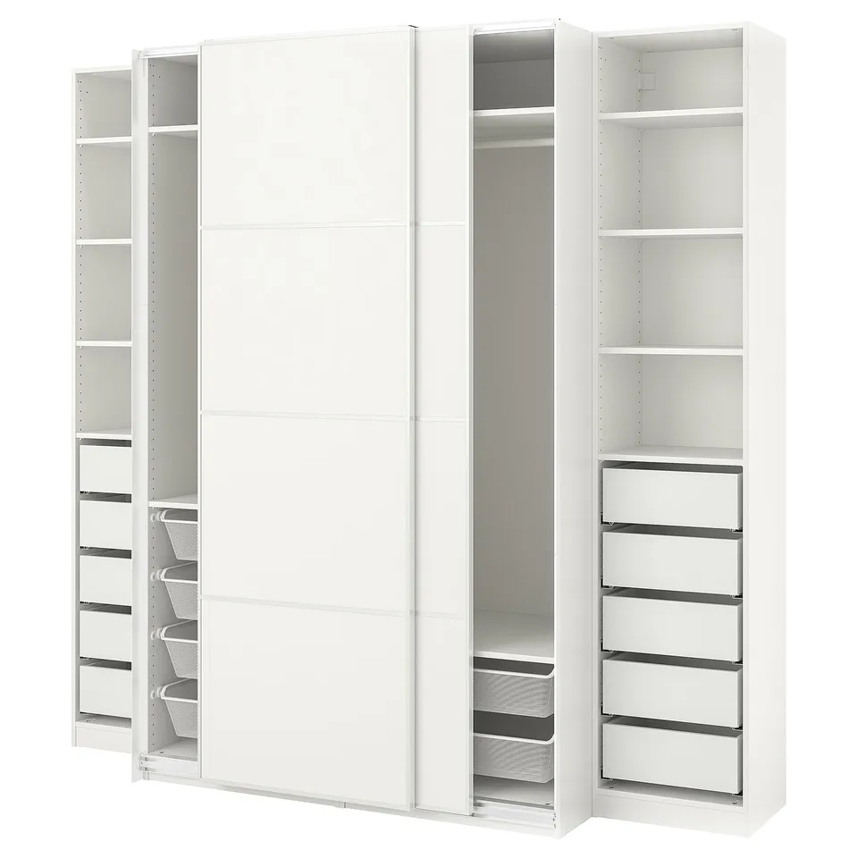 White PAX wardrobe with multiple shelves and drawers, sliding doors, steel and particleboard construction.