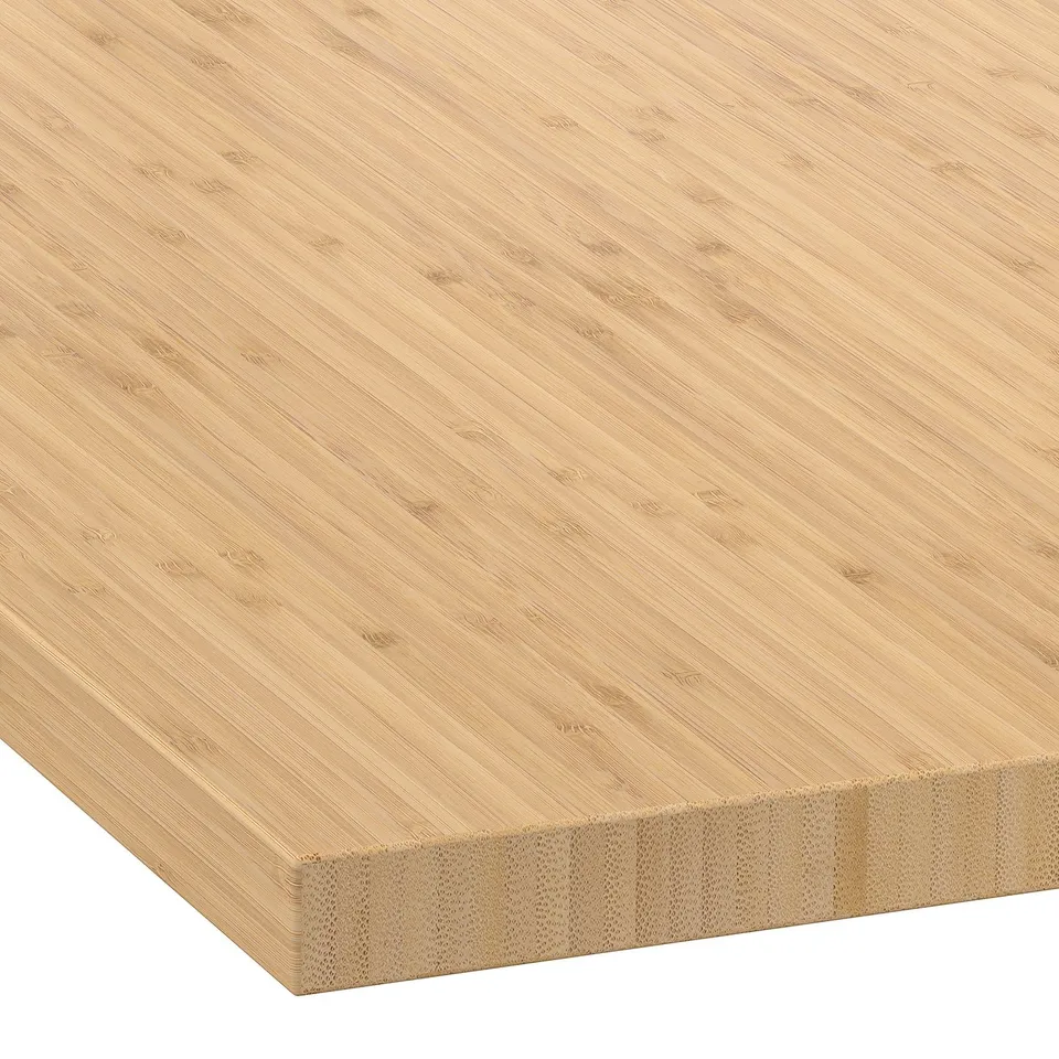 Thick bamboo kitchen worktop, durable & renewable, with smooth finish & visible grain pattern.