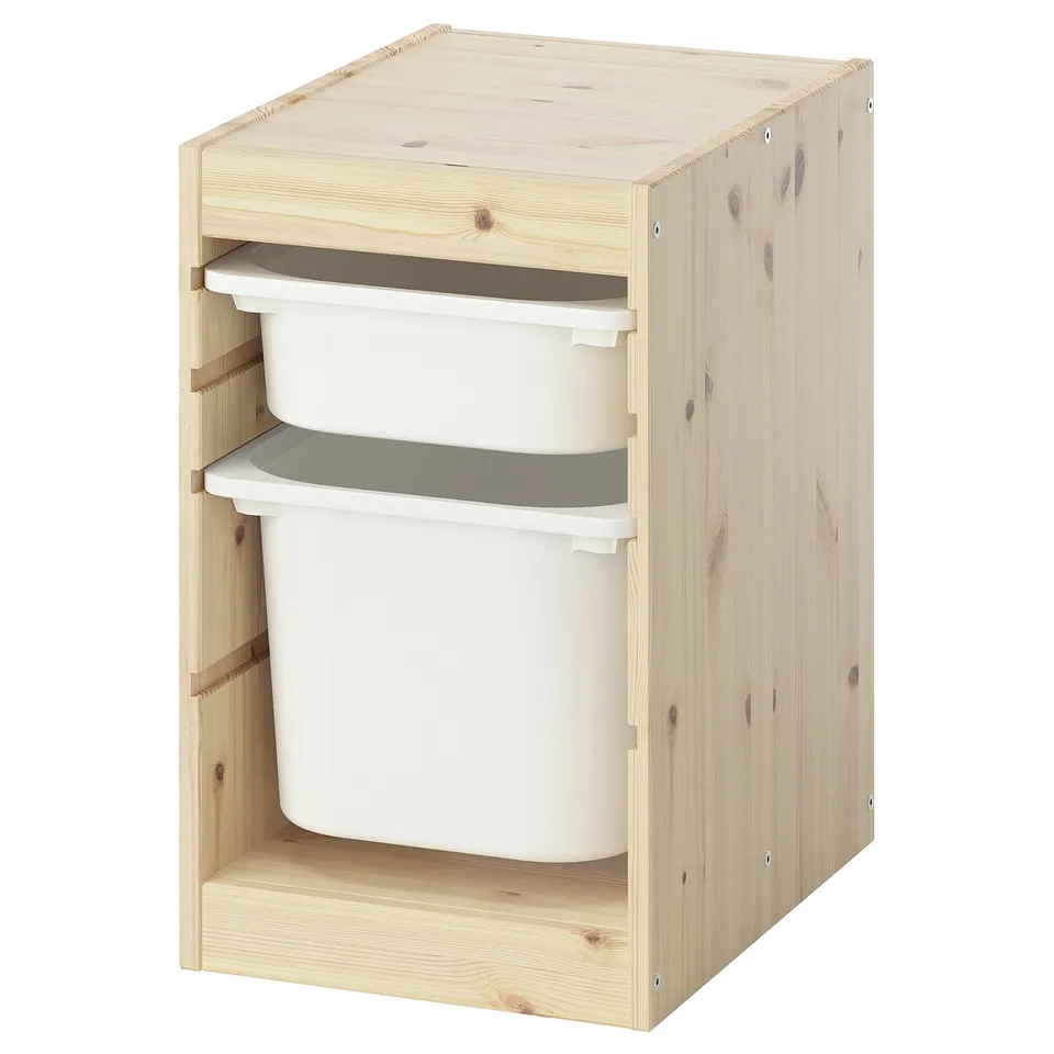 TROFAST pine wooden storage with three white plastic bins.