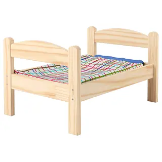 DUKTIG doll's bed with bedlinen set, pine/multicolour, Length 52 x Width 36 x Height 30 cm