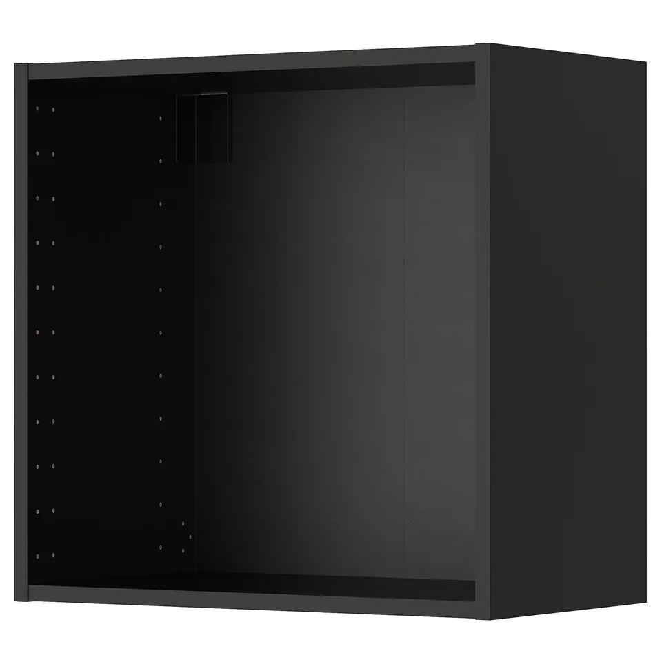 A black METOD cabinet, square with sleek design, fibreglass & melamine, adjustable shelves.
