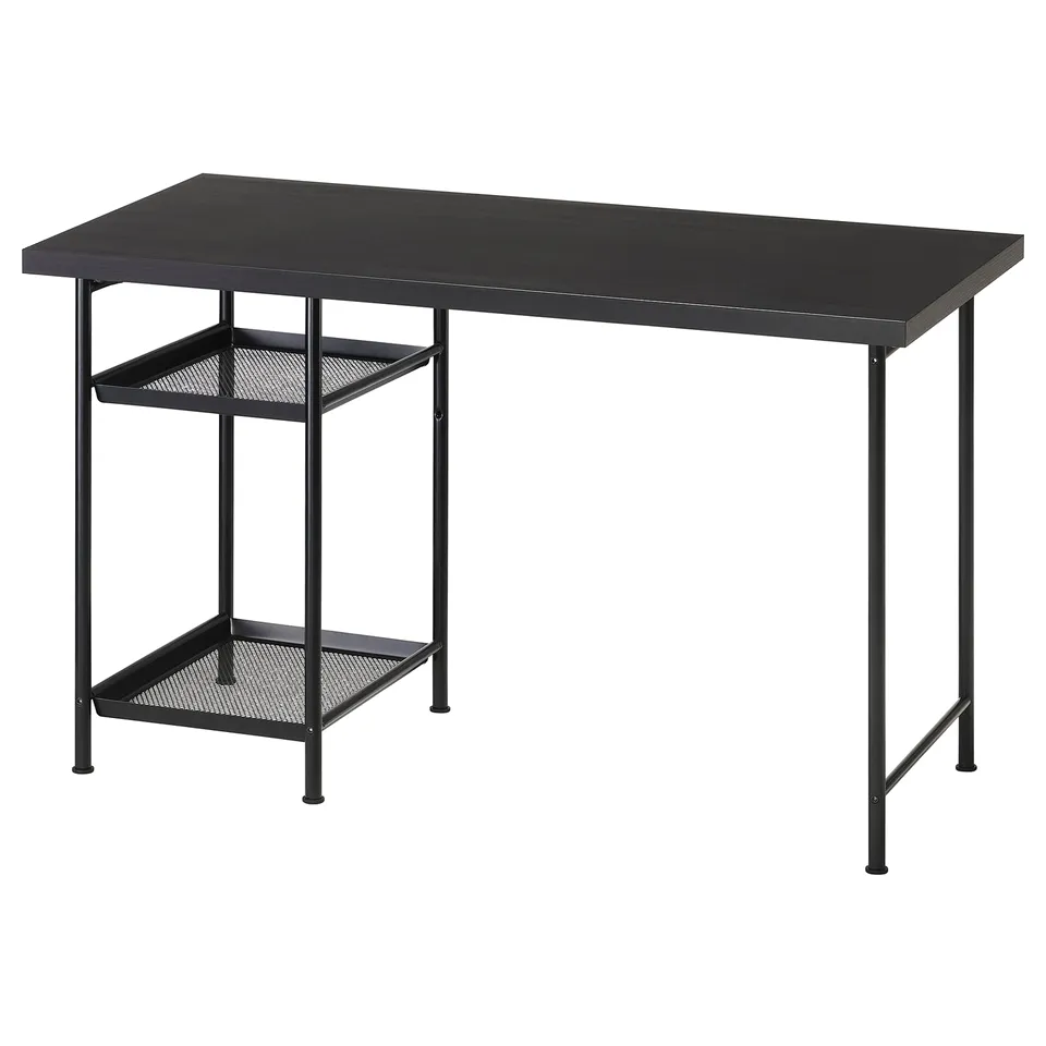 Black LAGKAPTEN desk with metal legs and mesh shelves.