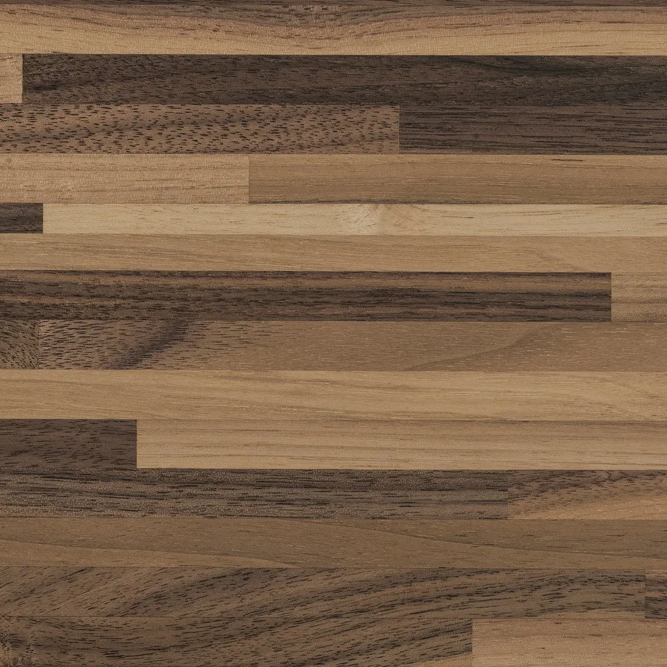 High-quality wood worktop with thin, durable walnut veneer, featuring a warm, varied wood grain pattern.