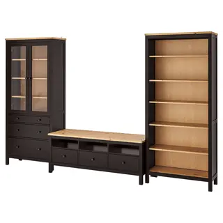 HEMNES TV storage combination, black-brown/light brown clear glass, Width 326 x Height 198 cm
