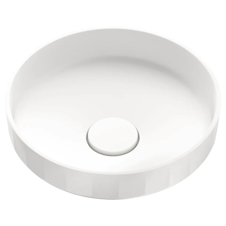 A white LERSJÖN round sink with a modern design made from marble and polyester. Its smooth edges and single drain hole are prominently featured.