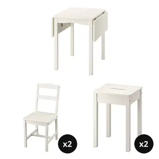 HAUGA set: dining table + chair x2+stoolx2, white/birch veneer + white, Height 75 x Width 74 x Length 82 cm