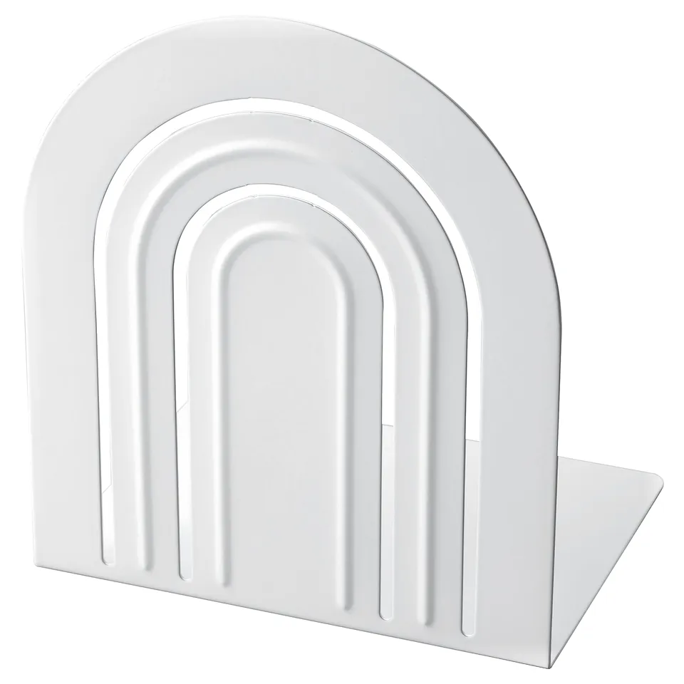 A white HÖSSLA bookend. Its arched, made of epoxy-coated steel, and has vertical grooves on its front.