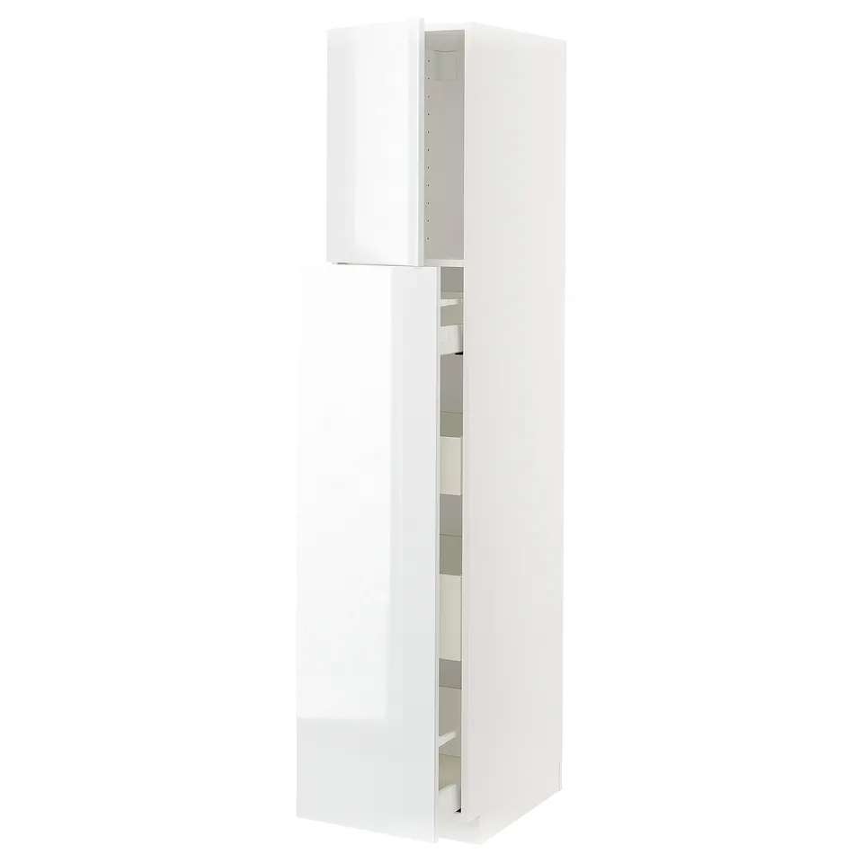 White high gloss kitchen cabinet with multiple shelves.