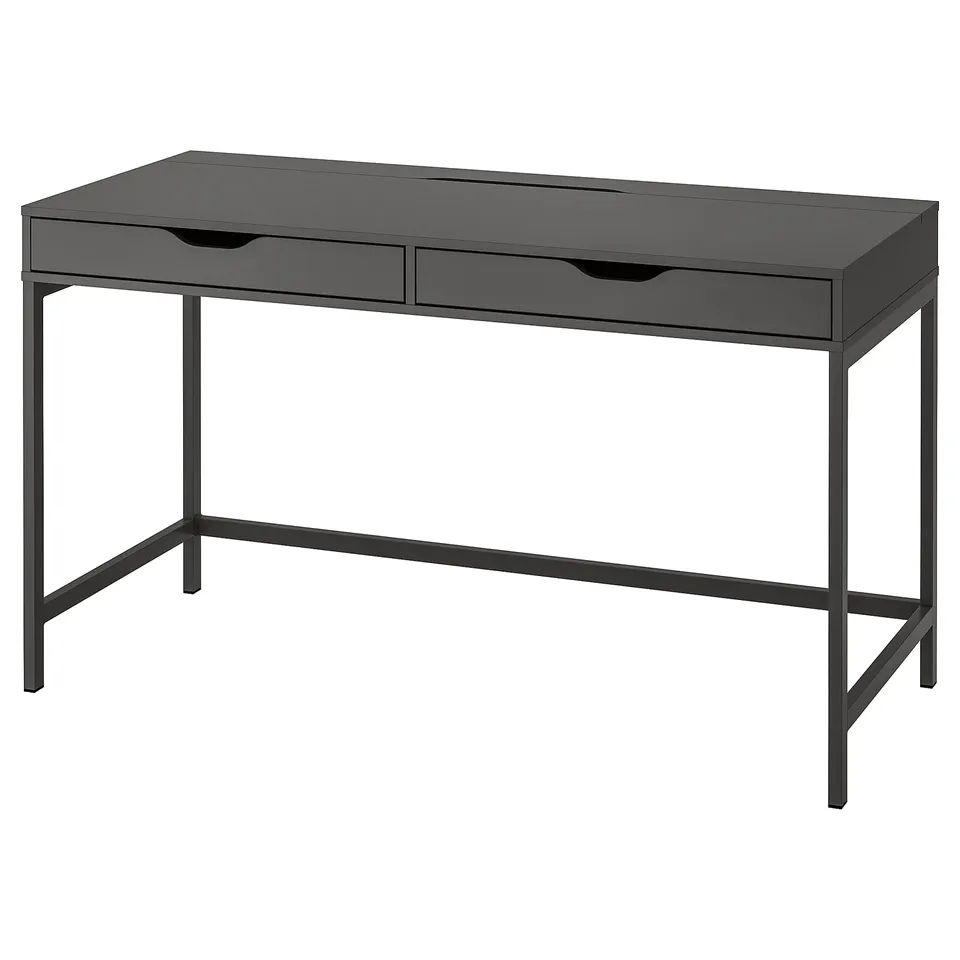 Modern grey ALEX desk with two drawers and metal legs, offering minimalist design and efficient storage.