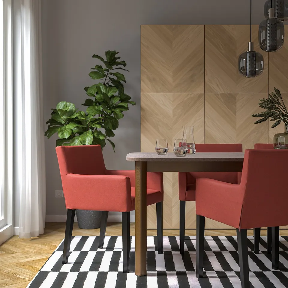 Modern dining set with MÅRENÄS chairs, table, checked rug, pendant lights, and plant.