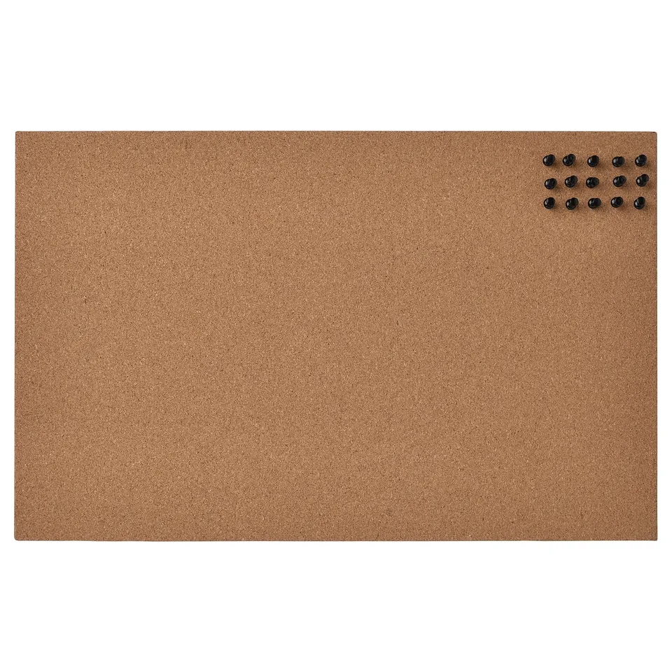 FLÖNSA cork memo board with nickel pins, rectangular shape and natural colour. Mounts vertically or horizontally for versatile organisation.
