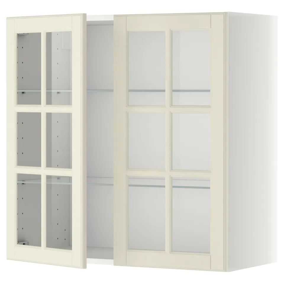 The METOD kitchen cabinet with off-white bodbyn glass doors, featuring a modern design with adjustable shelves.