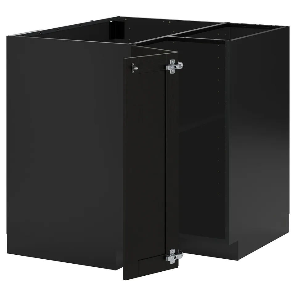 Black kitchen cabinet set, modern design with bevelled edges, made from ash and fiberboard.