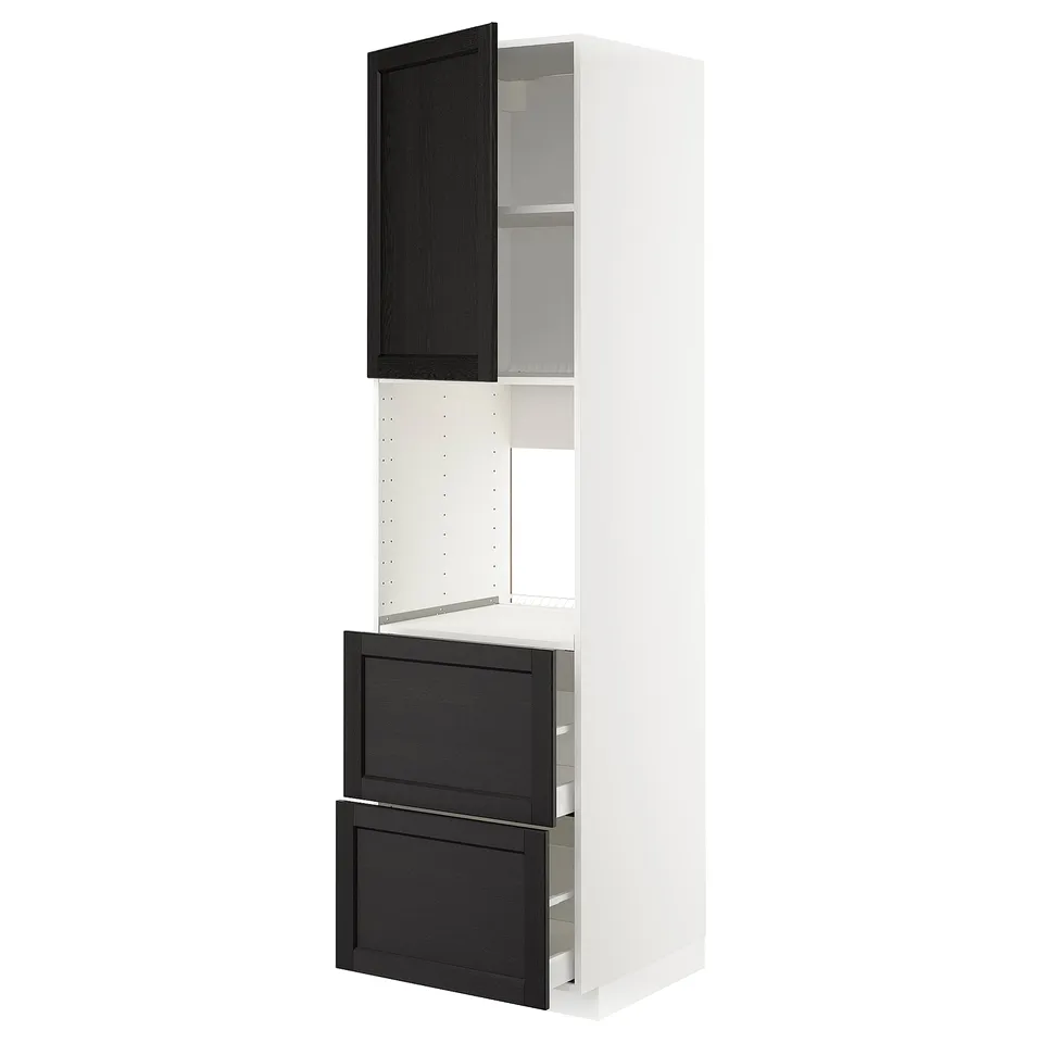 White and black kitchen cabinet with drawers and shelves. Modern design.