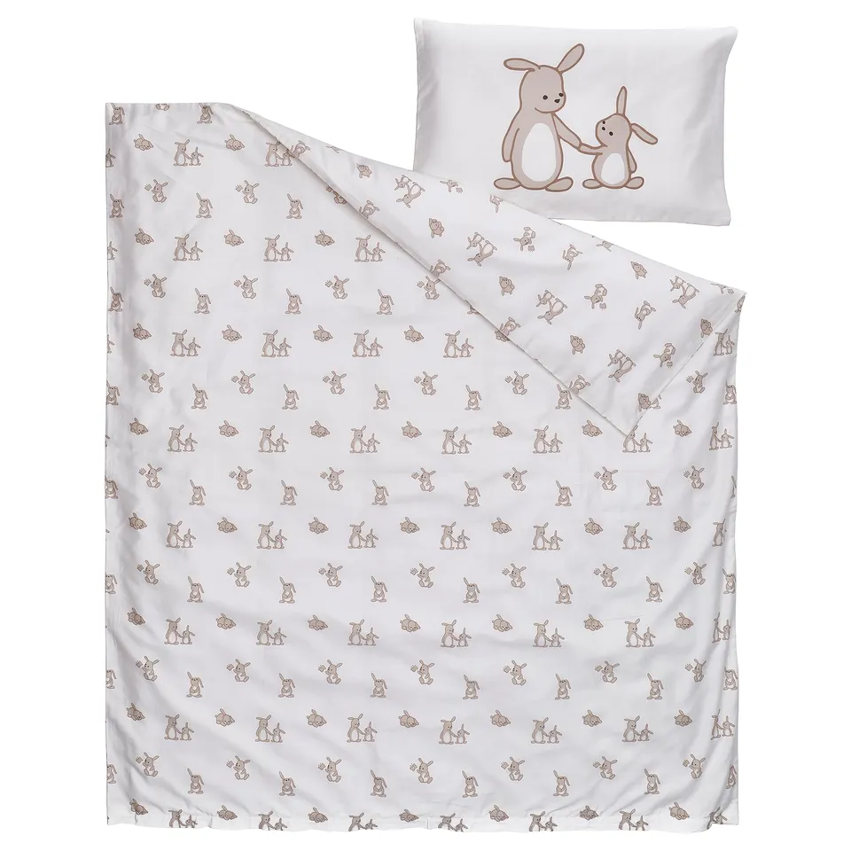 LEN Duvet cover 1 pillowcase for cot, white beige/bunny pattern, 110x125/35x55 cm