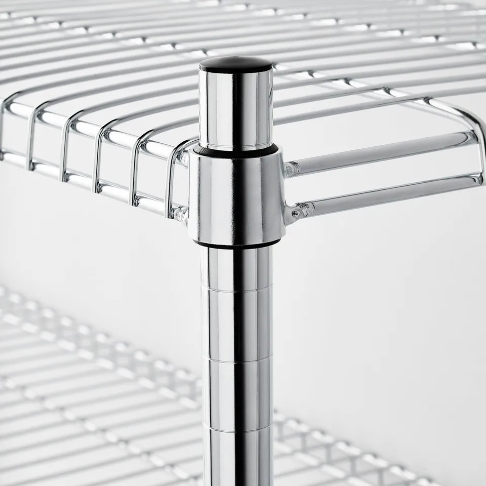 Metal wire shelf with adjustable, chrome-plated legs for stability and height.