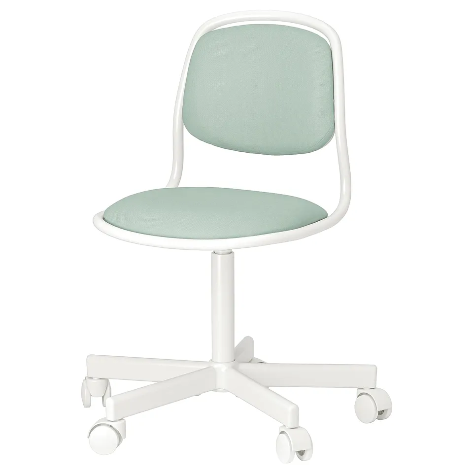 Light green office chair with white frame and wheels. Soft curved back and seat, four-leg base.
