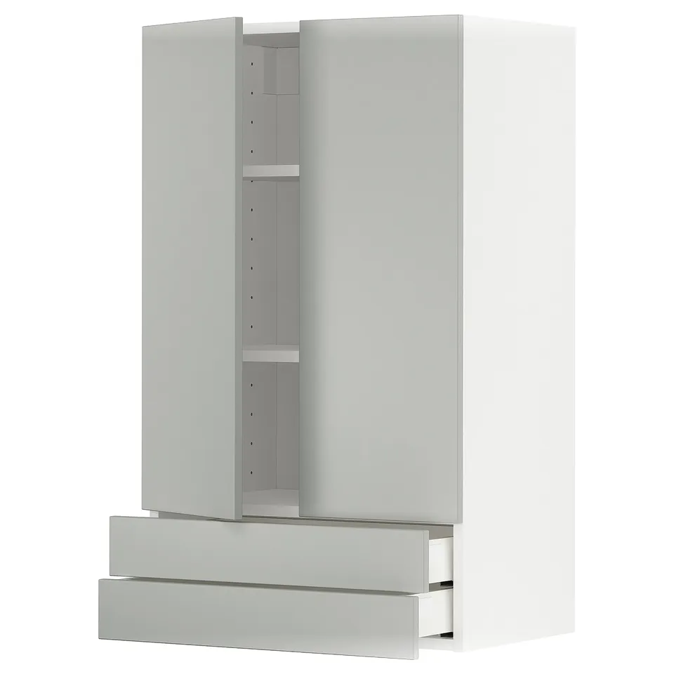 Modern grey METOD kitchen cabinet with double doors and two drawers, tall and sleek.