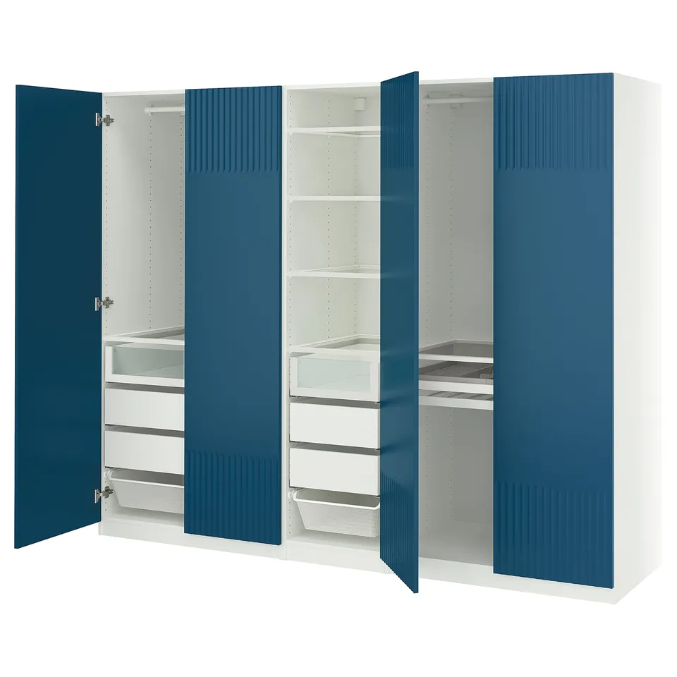 A blue PAX wardrobe with open doors, revealing shelves and drawers, combining functionality with a sleek design.