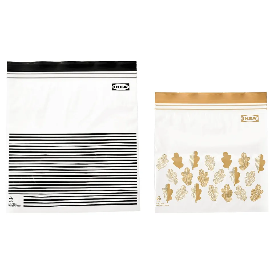 Ikea ISTAD resealable bags - clear, rectangular, with black and gold stripes or leaf designs, made of polyethylene plastic.