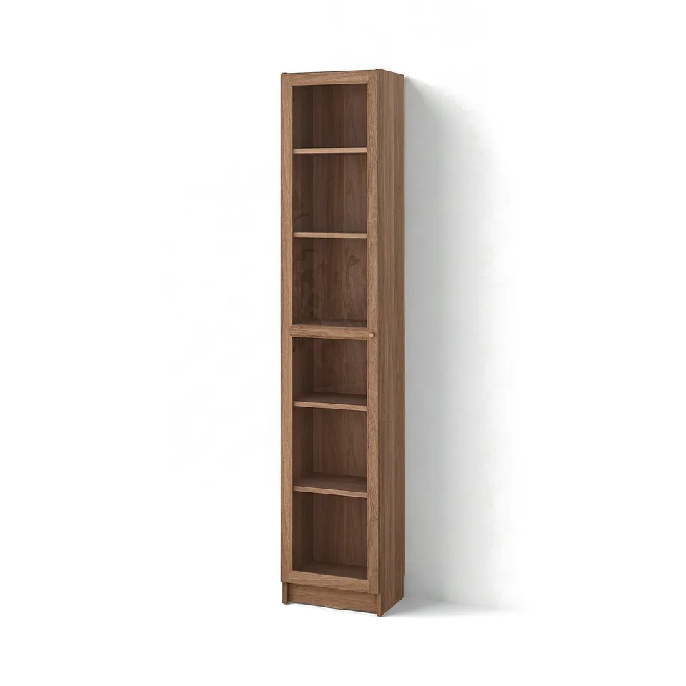 Tall BILLY bookshelf with five brown shelves.