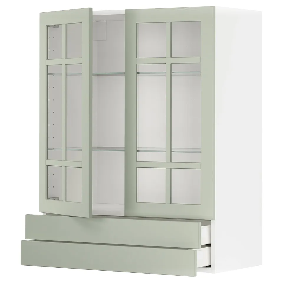 Green METOD kitchen unit with glass doors, 3 shelves, and 2 drawers.