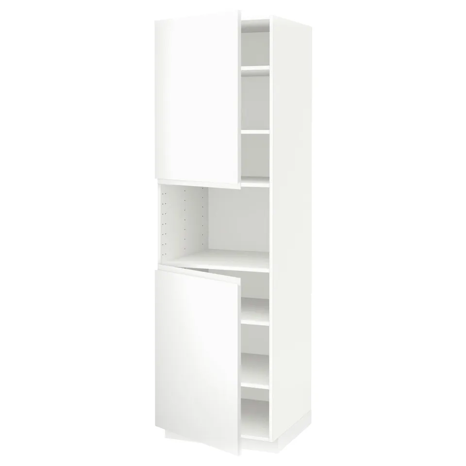 METOD white kitchen unit, modern minimalist matte white doors, adjustable shelves, sturdy frame.