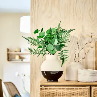 GLANSGRAN/SMYCKA set: artificial bouquet + vase, in/outdoor eucalyptus/green + beige/black, Height 40 cm