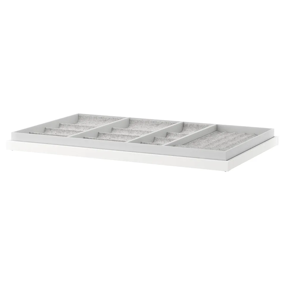 KOMPLEMENT white tray with compartments, fiberboard & solid wood, felt-lined for accessories.
