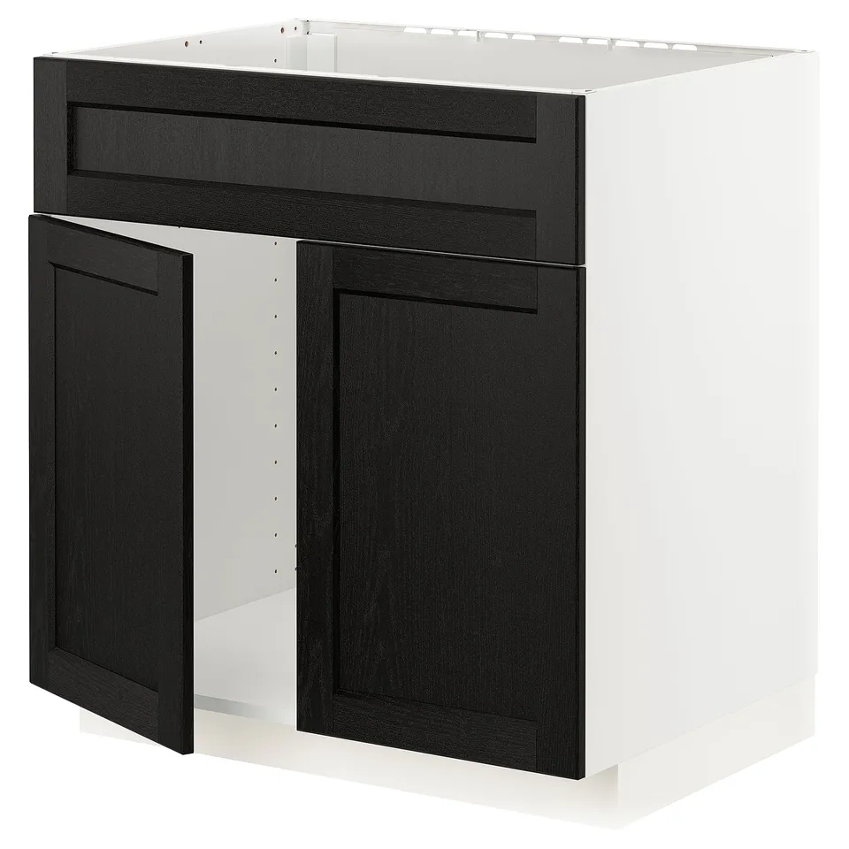 Modern black stained ash and white kitchen cabinet with bevelled edges.