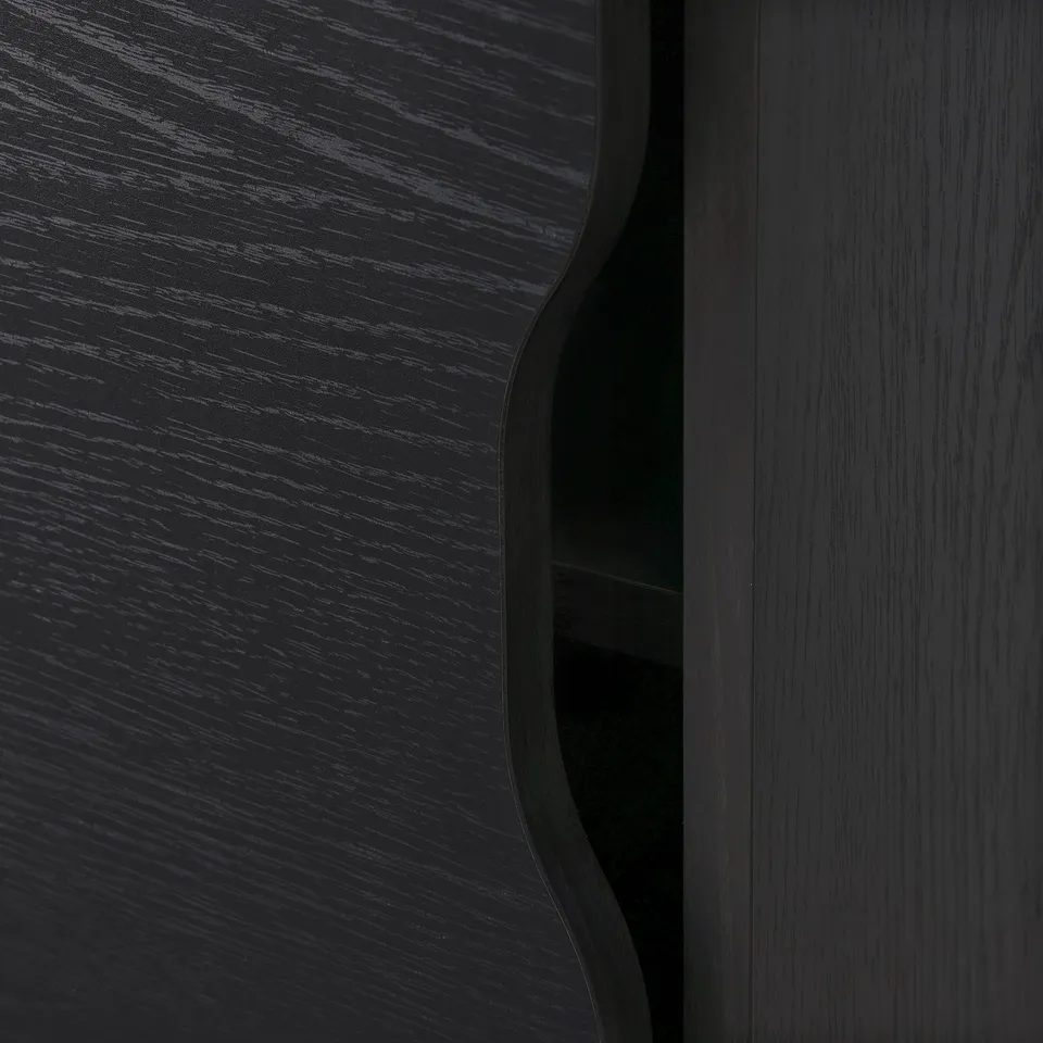 Dark wood grain panel, smooth finish, slightly curved edge.