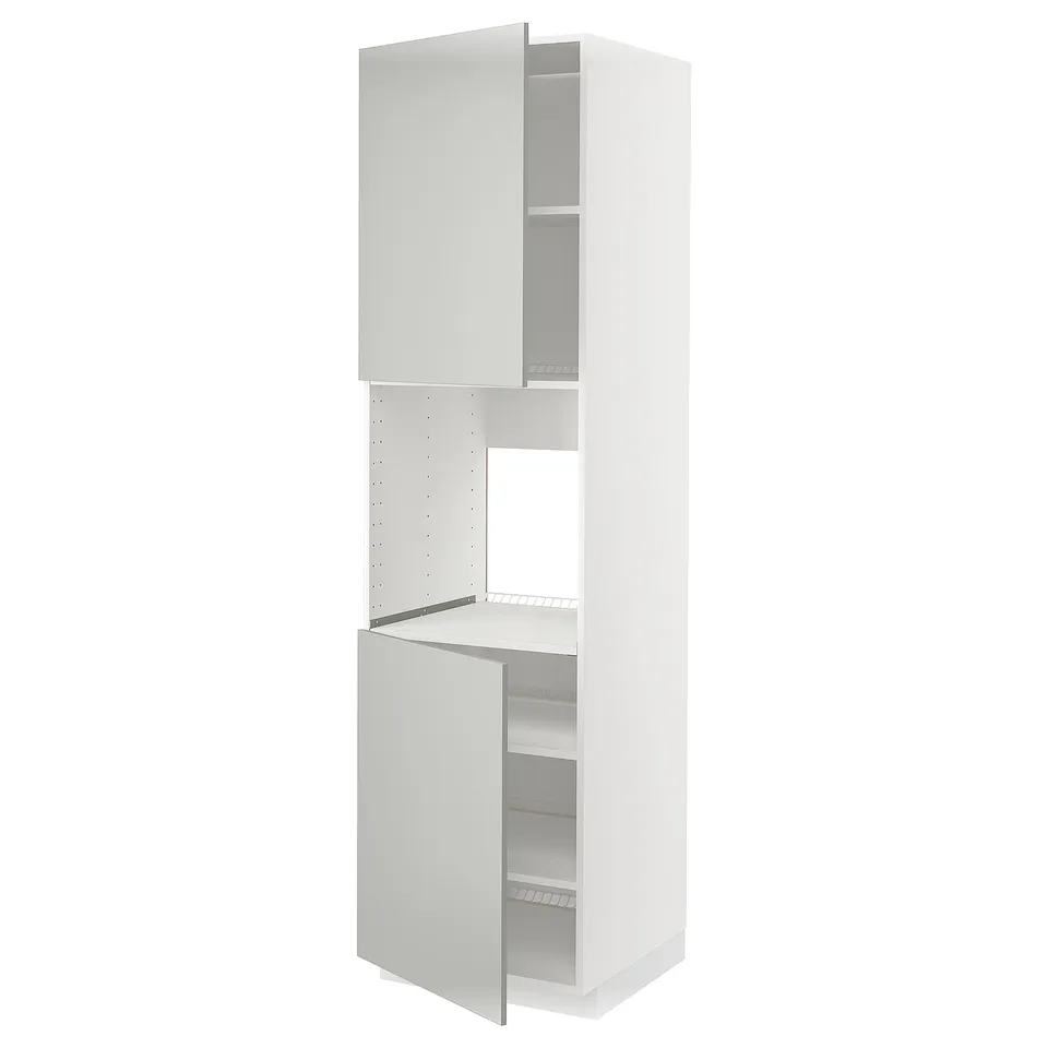 A white METOD kitchen cabinet set with light grey fronts, featuring open compartments for storage.