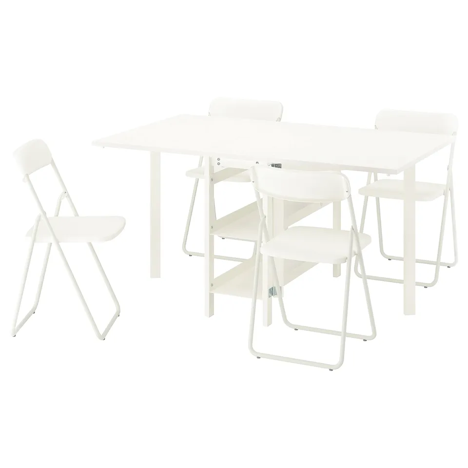 VIHALS white table & folding chairs - minimalist, steel & plastic, compact, foldable.