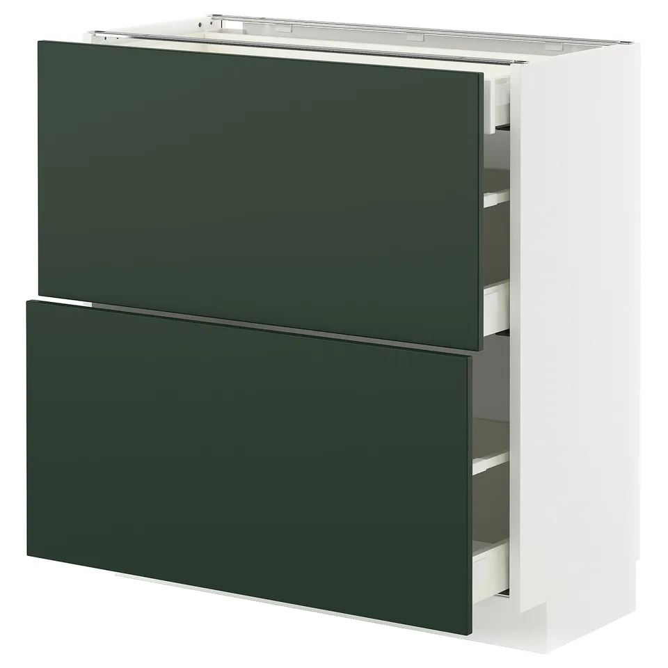 Modern dark green kitchen cabinet unit with two drawers and shelves.