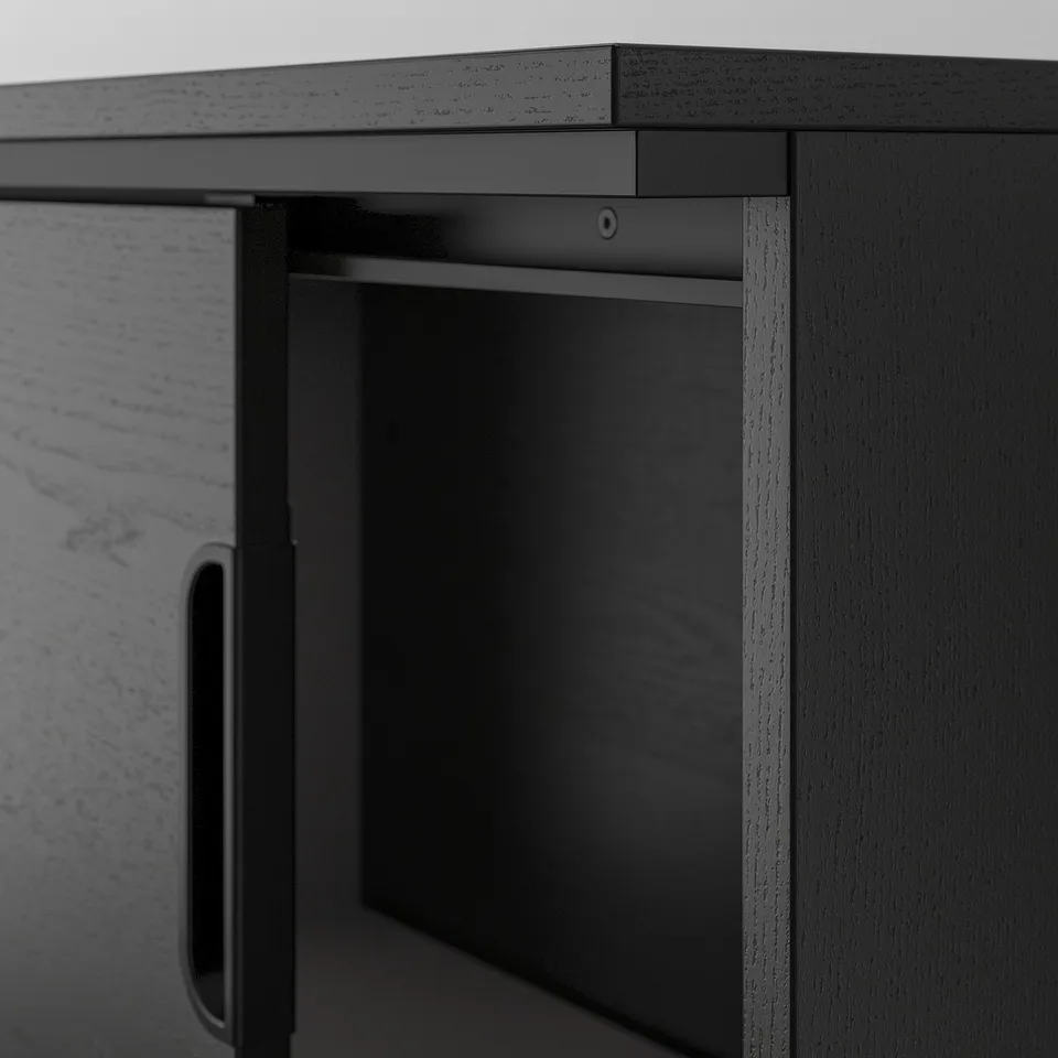 Modern black office cabinet with slim design and smooth sliding doors.