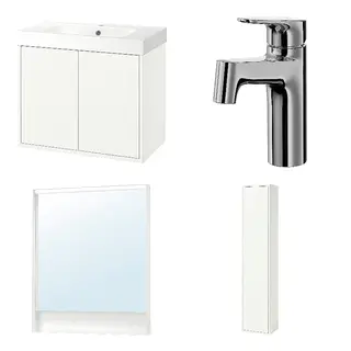 FAXÄLVEN/HAVBÄCK/MAJSJÖN set: wash-stnd w drs/deep wash-basin + bathroom mixer tap top lever + mirror with built-in lighting + high cabinet with door, white + chrome-plated, Width 82.3 x Depth 49.4 x Height 72.0 cm