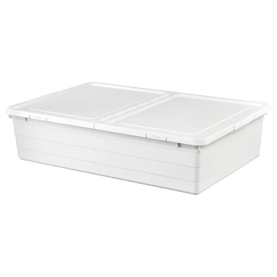 White SOCKERBIT storage box, hinged lid, fits under beds, recycled plastic, 2 labelled sections, locking lid.